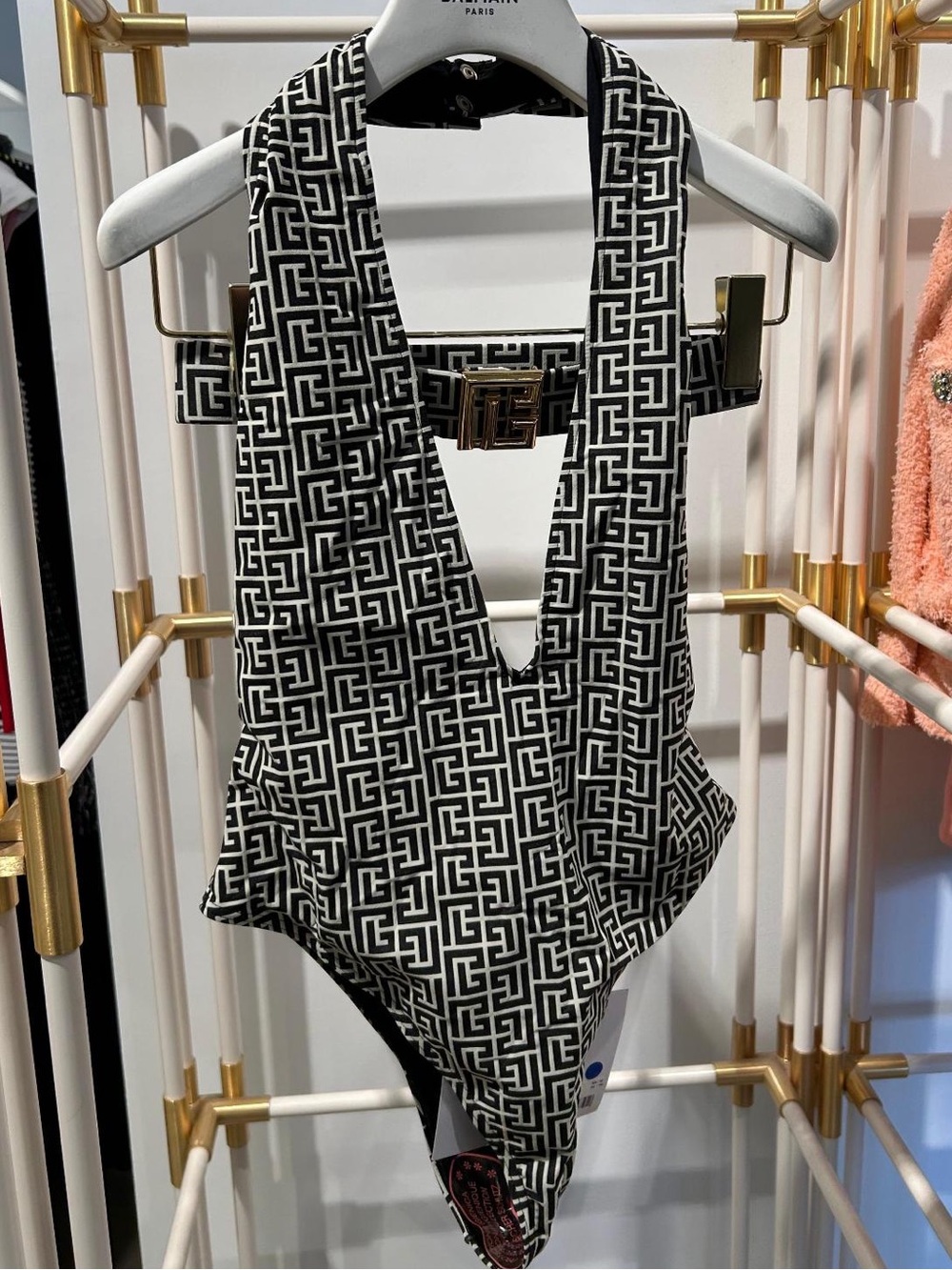 Balmain PB Labyrinth-print swimsuit, size 42. Brand new with tag